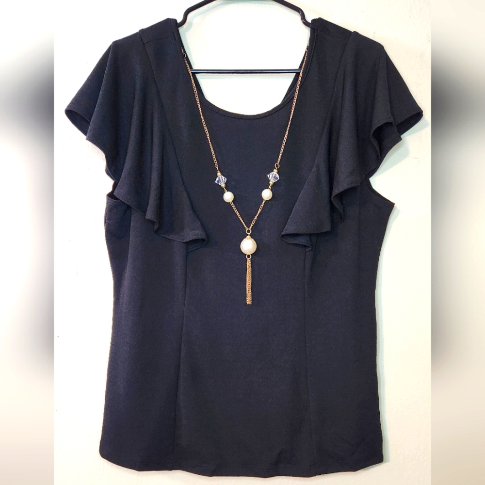 Black Ruffle Sleeve Top with Pearl Necklace